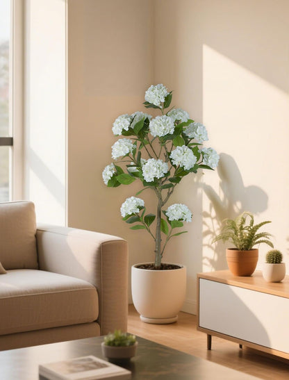 5ft White Hydrangea Artificial Trees for Front Porch Planters | With Pot, Pet Friendly, Real Touch Hydrangeas Flower Tree Plant for Outdoor, Home, Patio, Entrance, Indoor Decor, Easy to Use