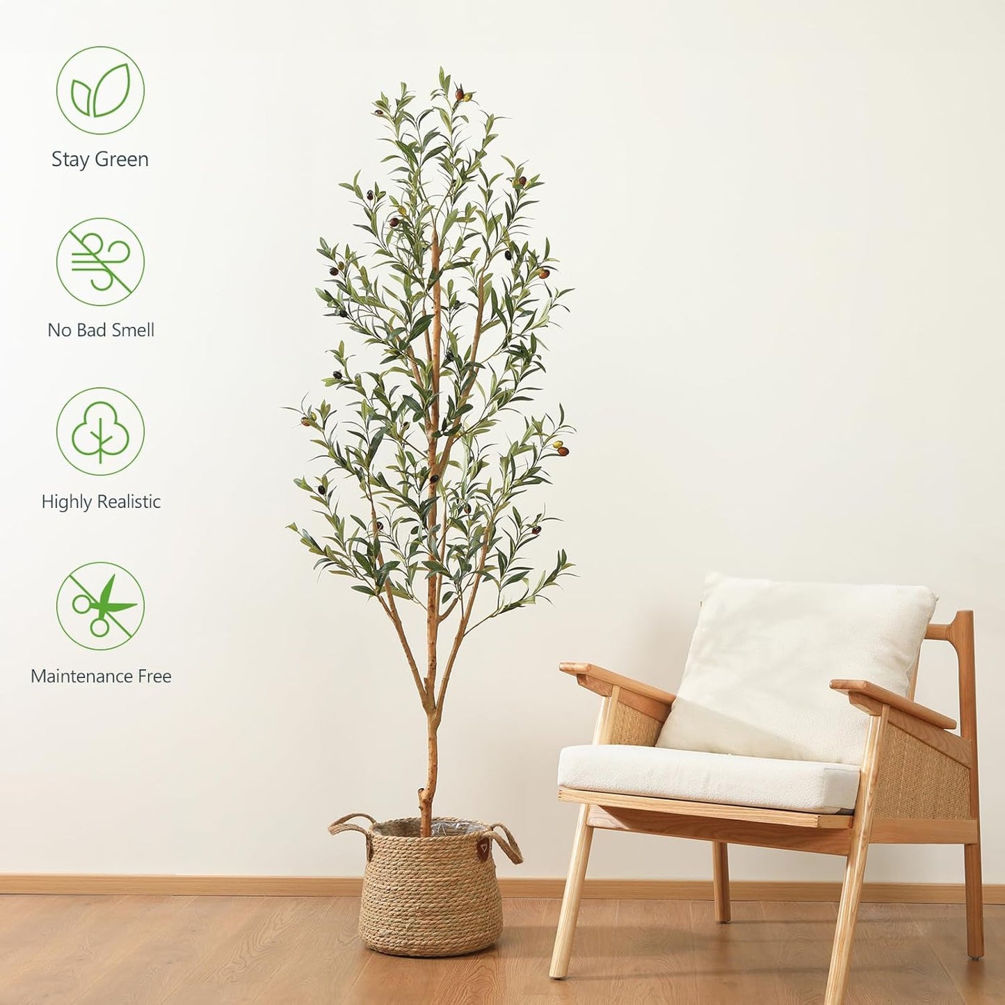 6FT Artificial Olive Tree, Real Wood Trunk & Silk Leaves | 800 realistic leaves, 33 olives, adjustable branches and weighted black pot for living room, entryway or office decor