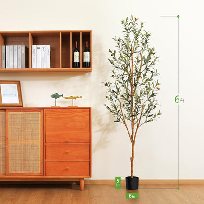 6FT Artificial Olive Tree, Real Wood Trunk & Silk Leaves | 800 realistic leaves, 33 olives, adjustable branches and weighted black pot for living room, entryway or office decor