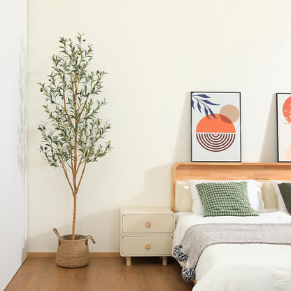 6FT Artificial Olive Tree, Real Wood Trunk & Silk Leaves | 800 realistic leaves, 33 olives, adjustable branches and weighted black pot for living room, entryway or office decor