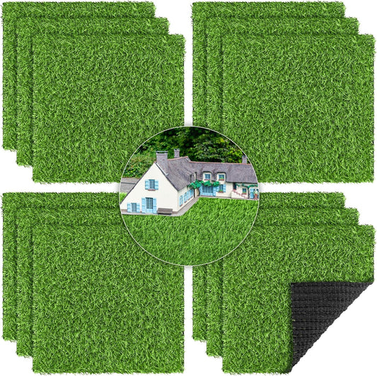 12 Pack Artificial Grass Mat 12 x 12 Inch Fake Grass Square Mat Synthetic Turf Patch Tiles with Drainage Hole Grass Rug for DIY Grass Decoration Balcony Patio Chicken Nesting, Grass Green