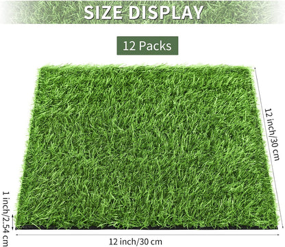 12 Pack Artificial Grass Mat 12 x 12 Inch Fake Grass Square Mat Synthetic Turf Patch Tiles with Drainage Hole Grass Rug for DIY Grass Decoration Balcony Patio Chicken Nesting, Grass Green