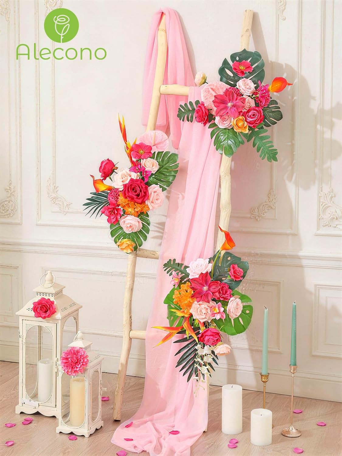 Alecono Hot Pink Silk Artificial Flowers Anthurium Palm Tropical Decor | Fake Floral Combo for Table Centerpieces, DIY Wedding Bouquet, Cake Flowers, Baby Shower, Birthday & Home Decorations