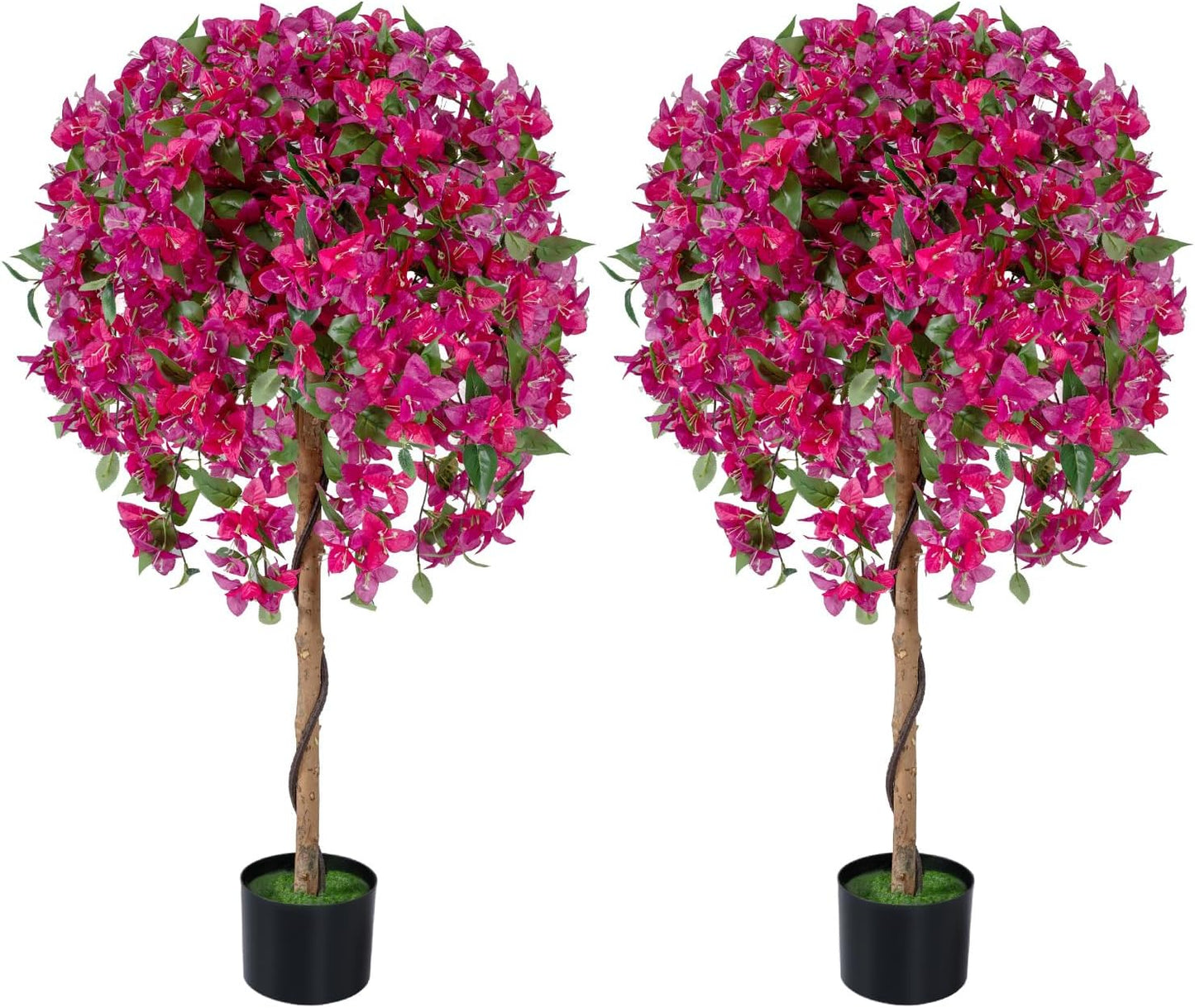 2 Pack 51" Artificial Bougainvillea Tree with Pink Flowers & Wood Trunk | Vibrant Blossoms, 24 Bendable Branches, Reinserted Leaves, Cement-filled Pot, Home Living Room Decor, Low-Maintenance