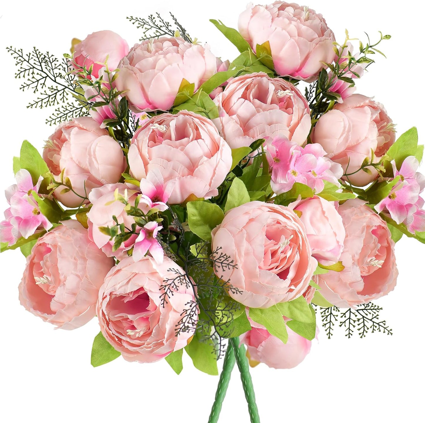 Artificial Peony Bouquets, 2 Silk Flower Bundles in Peach, Coral, Cream & Burgundy with Hydrangeas for Wedding Centerpieces & Home Decor (Country Delightful)