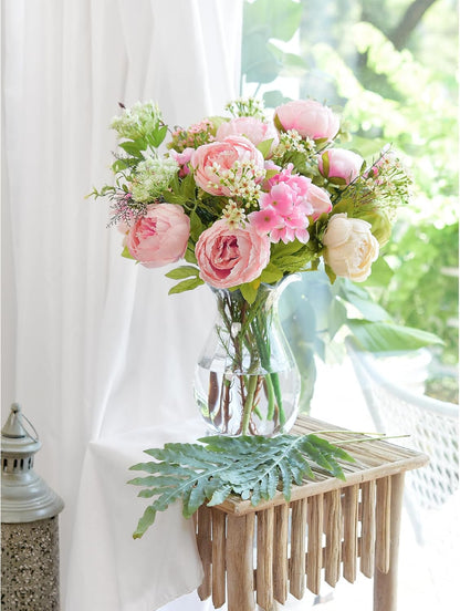 Artificial Peony Bouquets, 2 Silk Flower Bundles in Peach, Coral, Cream & Burgundy with Hydrangeas for Wedding Centerpieces & Home Decor (Country Delightful)