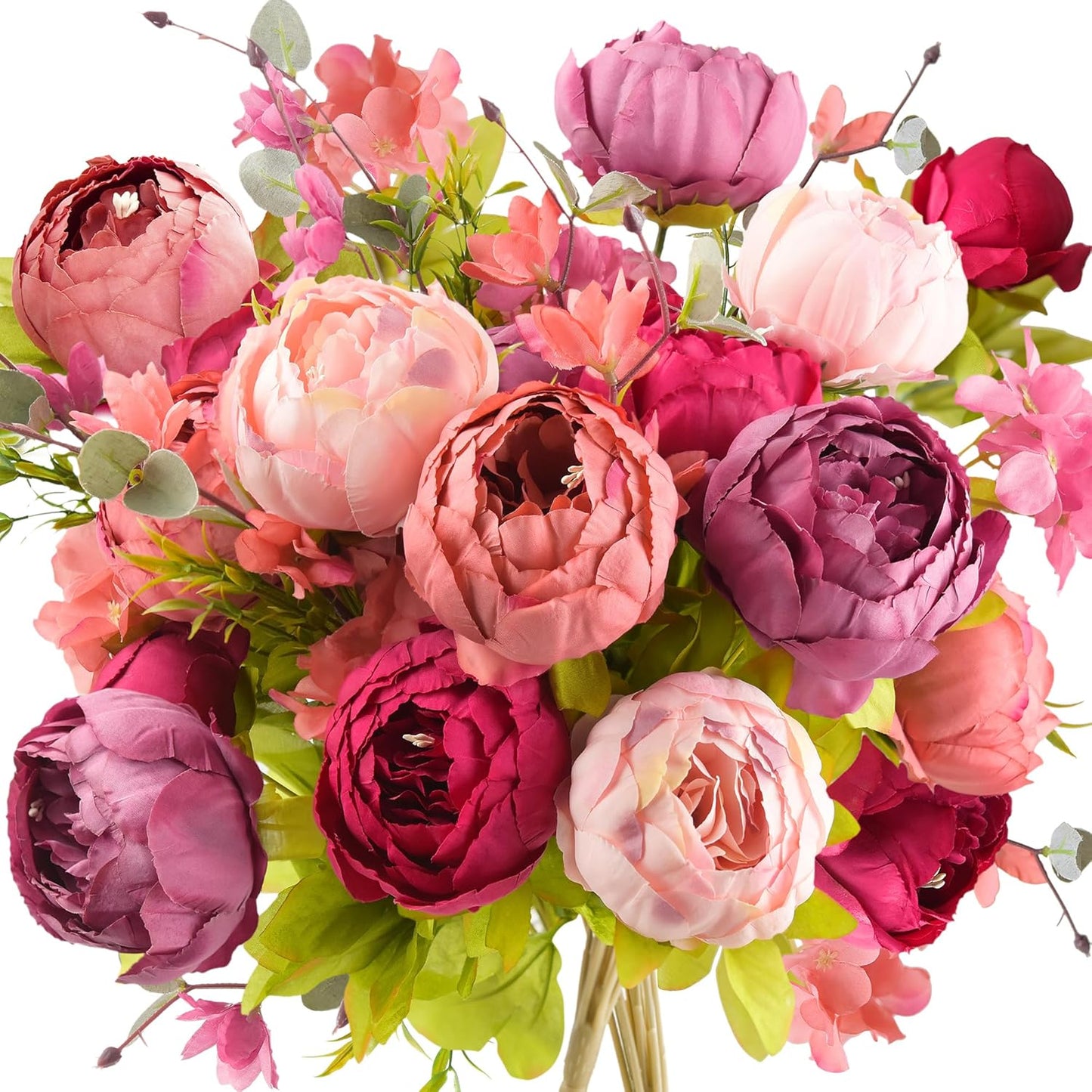 Artificial Peony Bouquets, 2 Silk Flower Bundles in Peach, Coral, Cream & Burgundy with Hydrangeas for Wedding Centerpieces & Home Decor (Country Delightful)