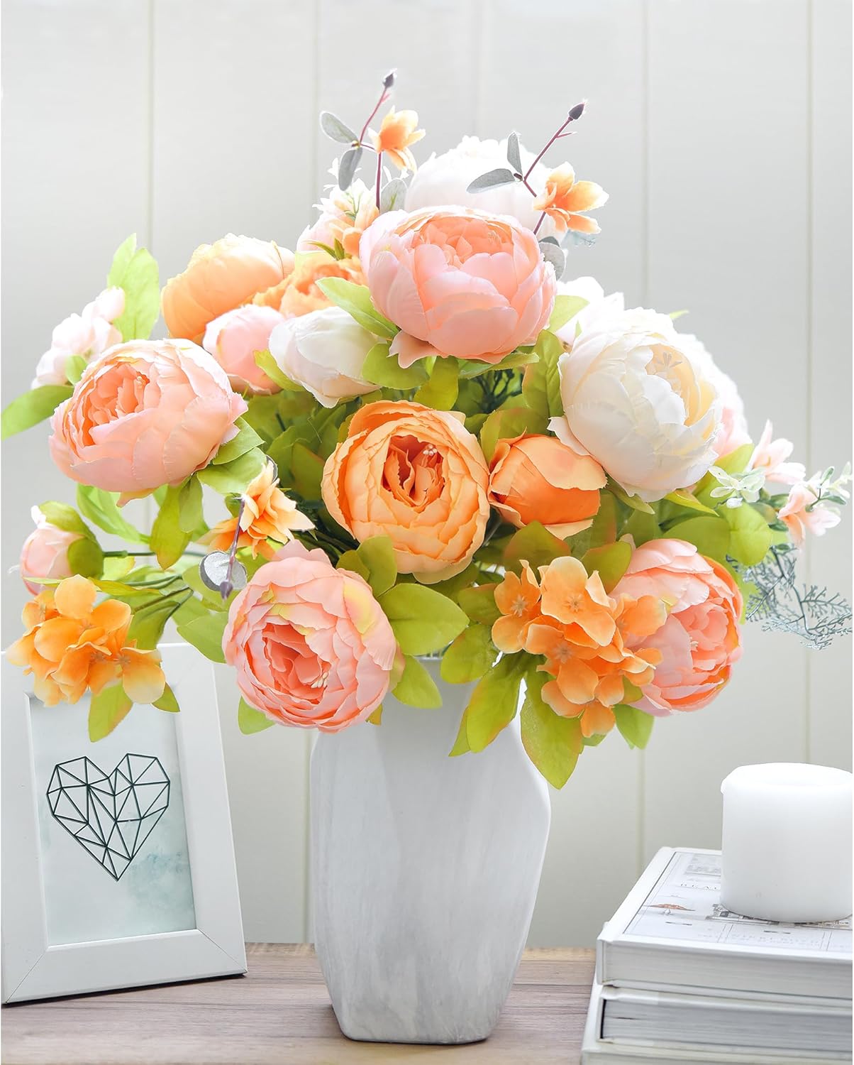 Artificial Peony Bouquets, 2 Silk Flower Bundles in Peach, Coral, Cream & Burgundy with Hydrangeas for Wedding Centerpieces & Home Decor (Country Delightful)
