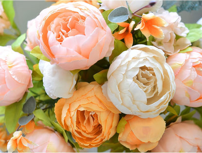 Artificial Peony Bouquets, 2 Silk Flower Bundles in Peach, Coral, Cream & Burgundy with Hydrangeas for Wedding Centerpieces & Home Decor (Country Delightful)