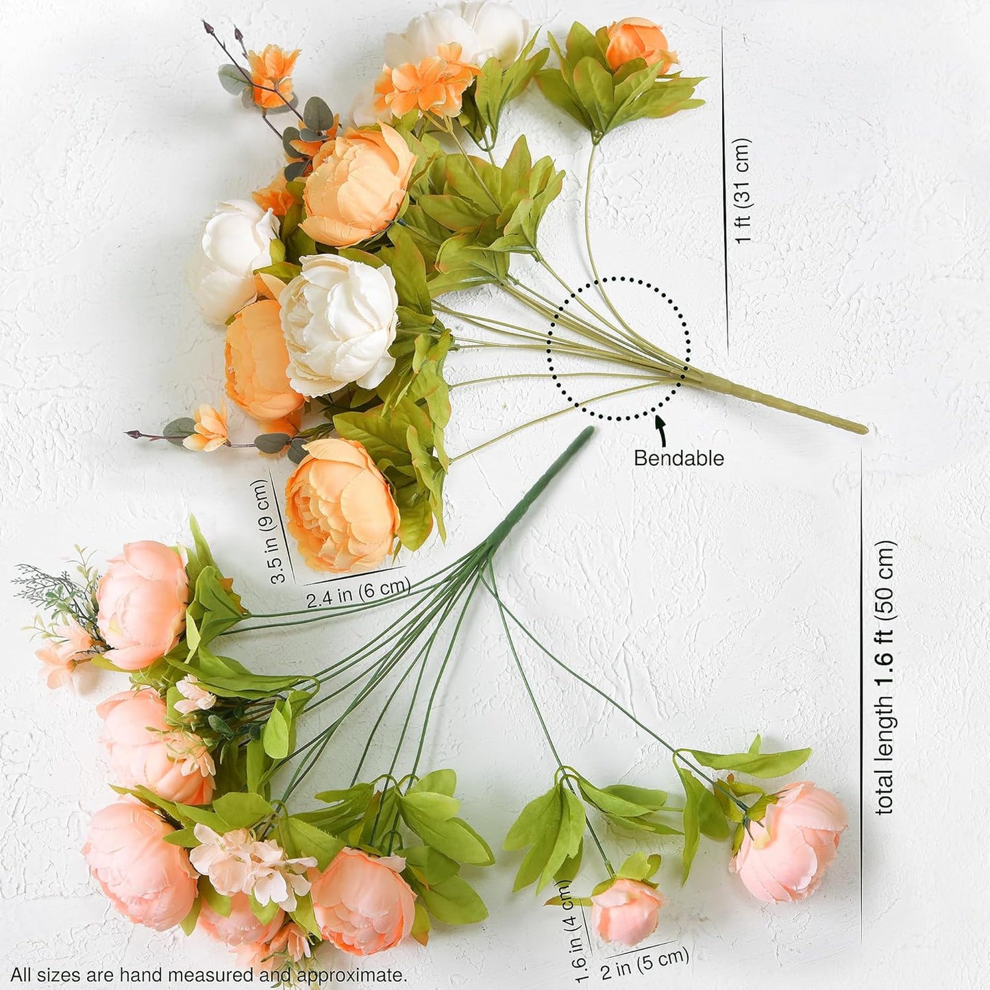 Artificial Peony Bouquets, 2 Silk Flower Bundles in Peach, Coral, Cream & Burgundy with Hydrangeas for Wedding Centerpieces & Home Decor (Country Delightful)