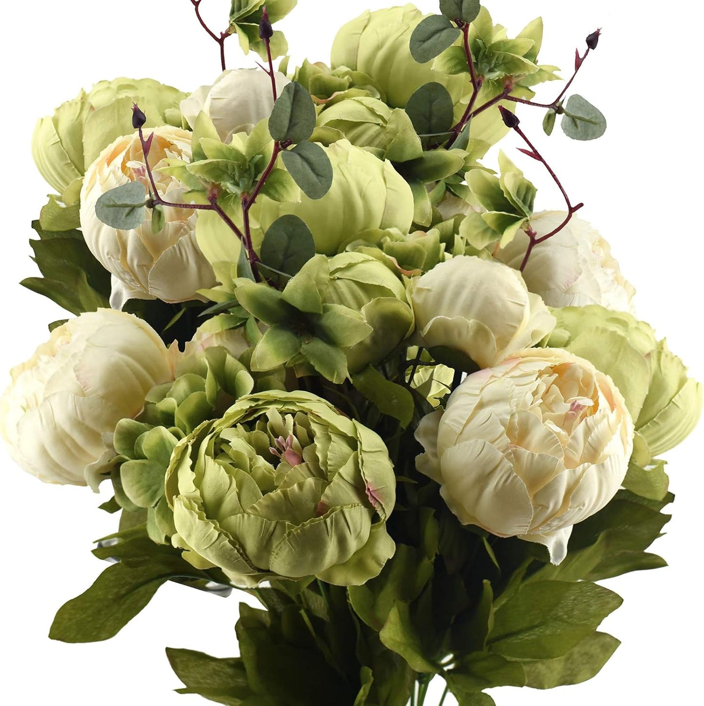 Artificial Peony Bouquets, 2 Silk Flower Bundles in Peach, Coral, Cream & Burgundy with Hydrangeas for Wedding Centerpieces & Home Decor (Country Delightful)