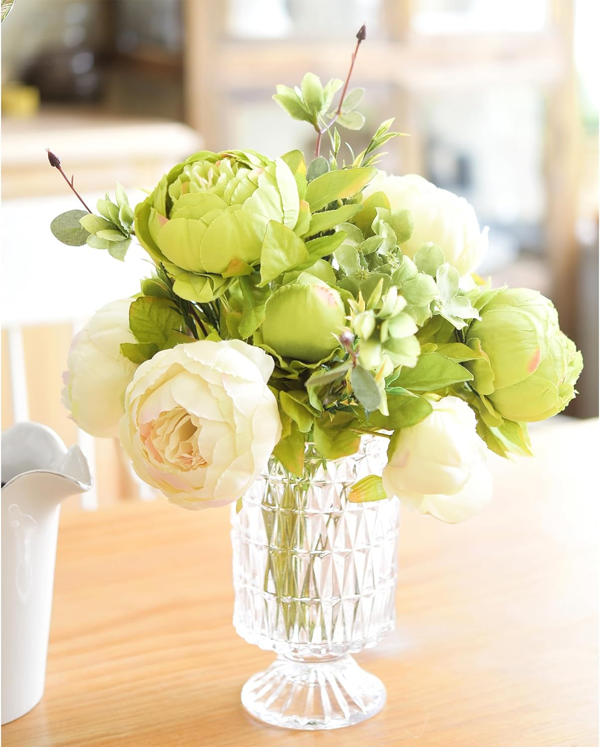Artificial Peony Bouquets, 2 Silk Flower Bundles in Peach, Coral, Cream & Burgundy with Hydrangeas for Wedding Centerpieces & Home Decor (Country Delightful)