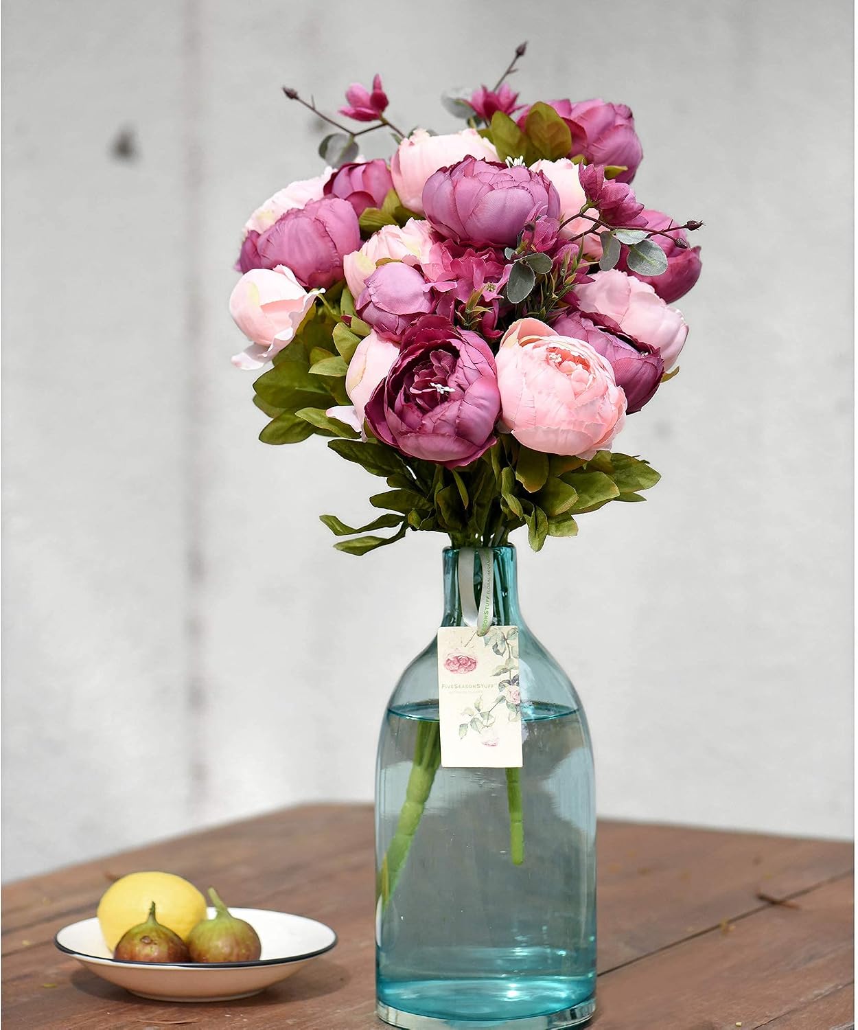 Artificial Peony Bouquets, 2 Silk Flower Bundles in Peach, Coral, Cream & Burgundy with Hydrangeas for Wedding Centerpieces & Home Decor (Country Delightful)