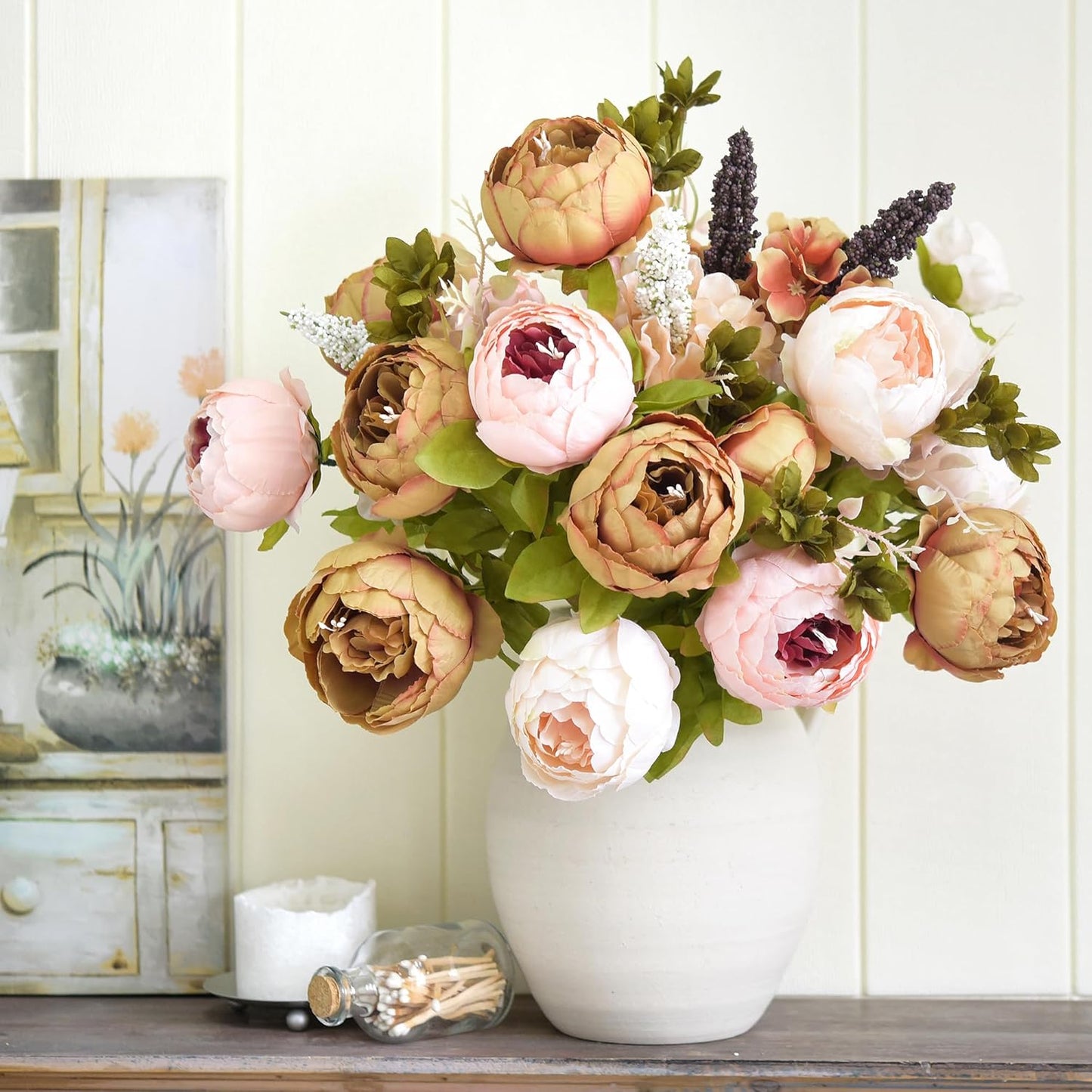 Artificial Peony Bouquets, 2 Silk Flower Bundles in Peach, Coral, Cream & Burgundy with Hydrangeas for Wedding Centerpieces & Home Decor (Country Delightful)