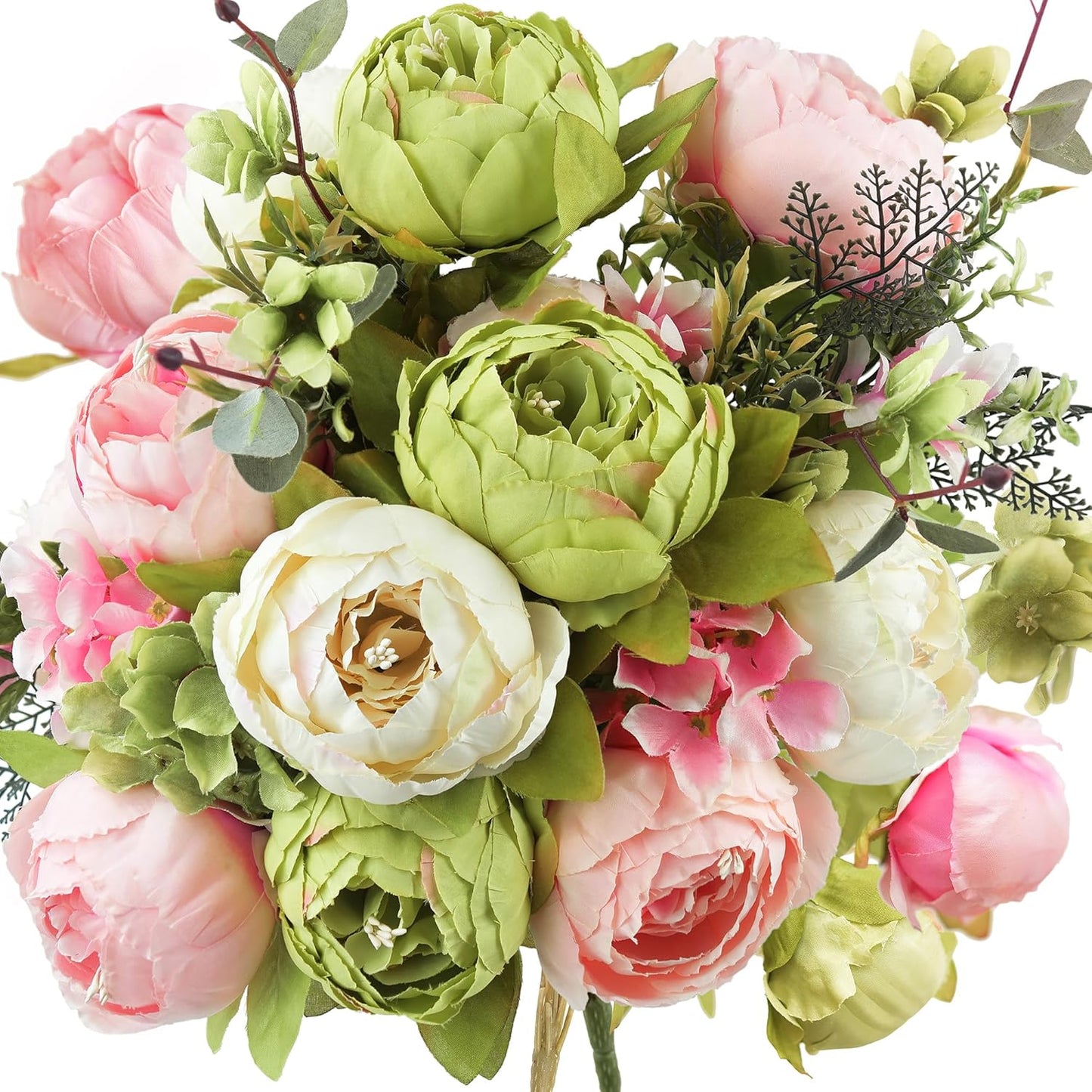Artificial Peony Bouquets, 2 Silk Flower Bundles in Peach, Coral, Cream & Burgundy with Hydrangeas for Wedding Centerpieces & Home Decor (Country Delightful)