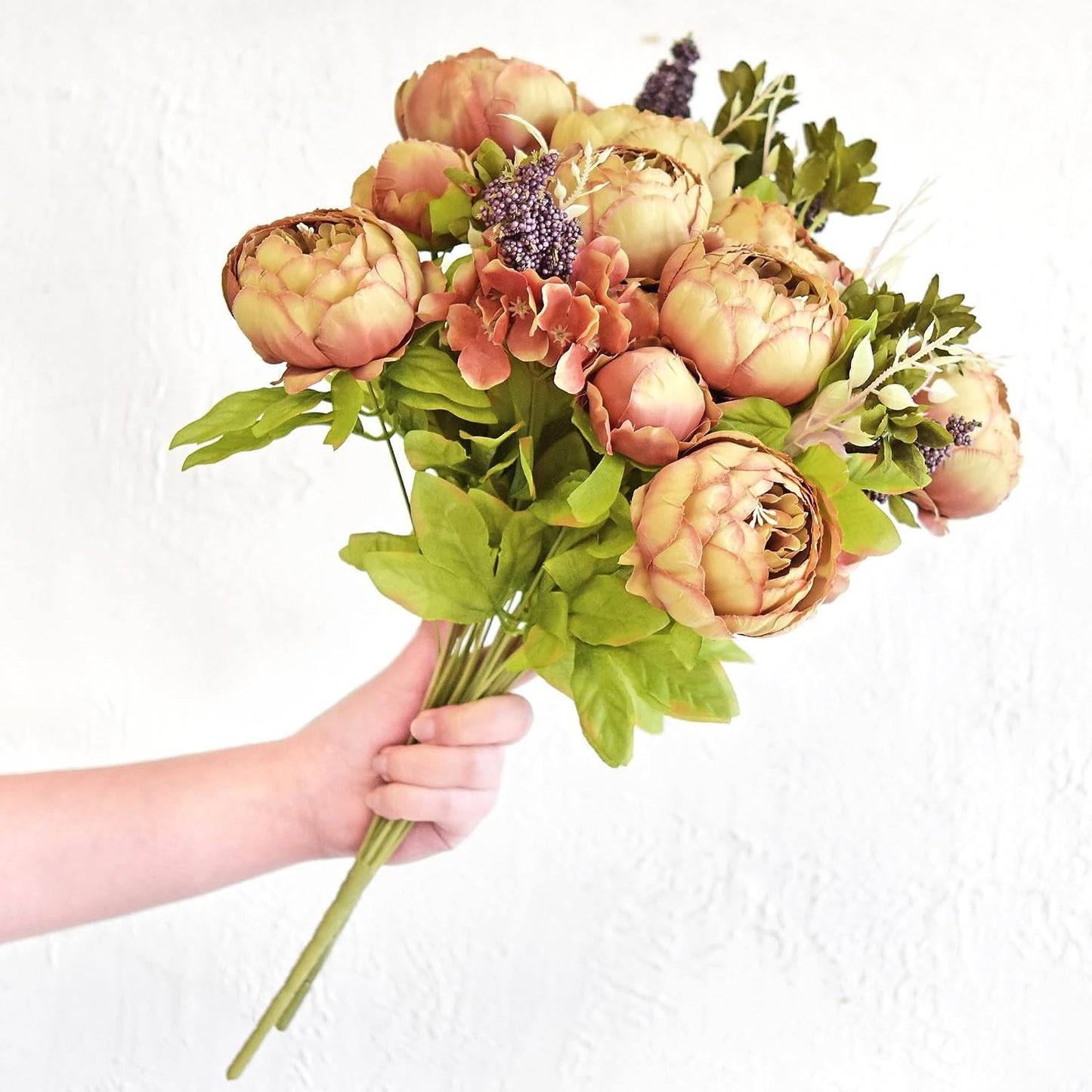 Artificial Peony Bouquets, 2 Silk Flower Bundles in Peach, Coral, Cream & Burgundy with Hydrangeas for Wedding Centerpieces & Home Decor (Country Delightful)