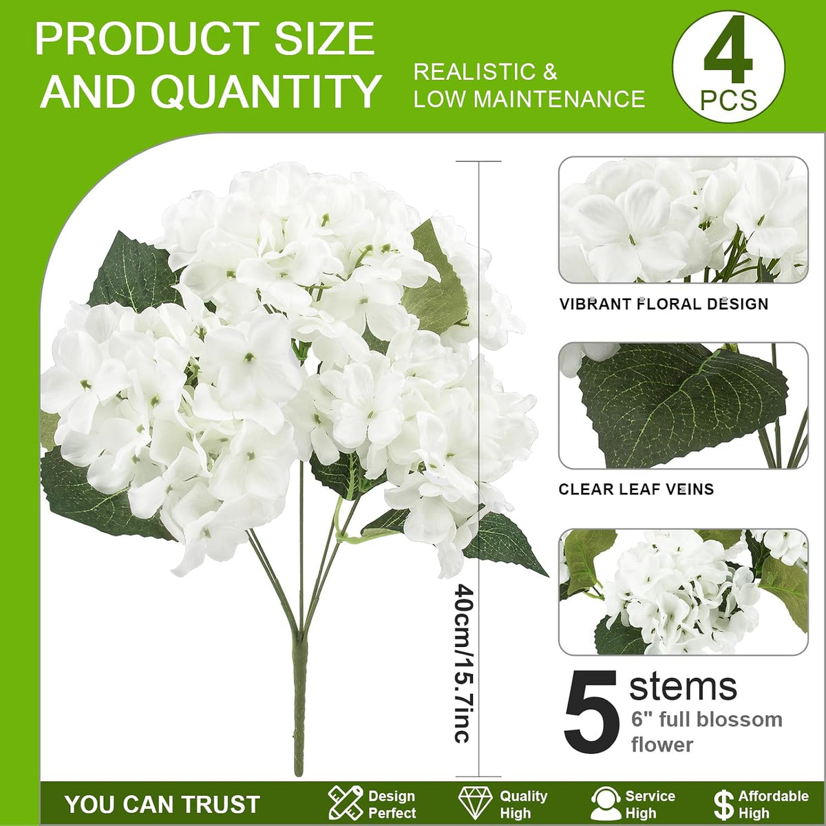 Daynight 4 Pcs Hydrangea Artificial Flowers Outdoor Silk Bouquets, UV Resistant Faux Hydrangeas Flowers for Table Vase Centerpieces Outside Party Wedding Baby Shower Home Outdoor Decor (4, White)