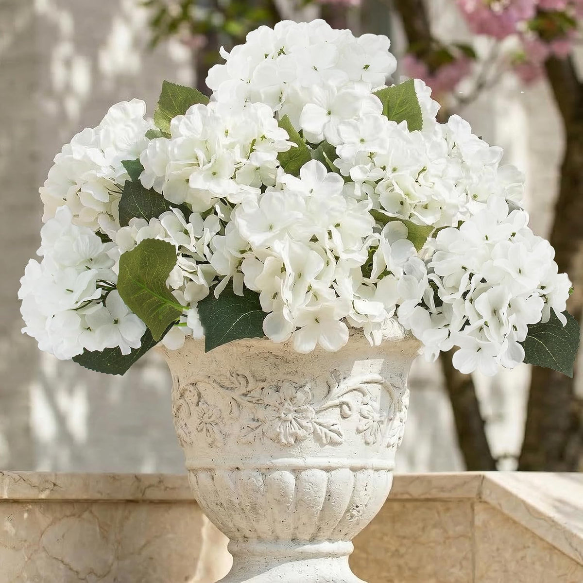 Daynight 4 Pcs Hydrangea Artificial Flowers Outdoor Silk Bouquets, UV Resistant Faux Hydrangeas Flowers for Table Vase Centerpieces Outside Party Wedding Baby Shower Home Outdoor Decor (4, White)