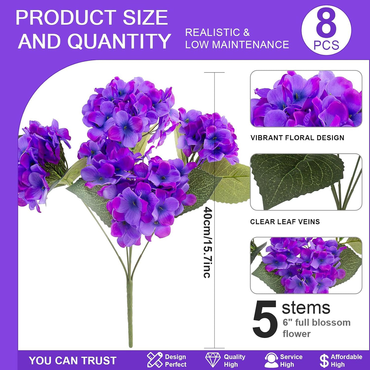 Daynight 4 Pcs Hydrangea Artificial Flowers Outdoor Silk Bouquets, UV Resistant Faux Hydrangeas Flowers for Table Vase Centerpieces Outside Party Wedding Baby Shower Home Outdoor Decor (4, White)