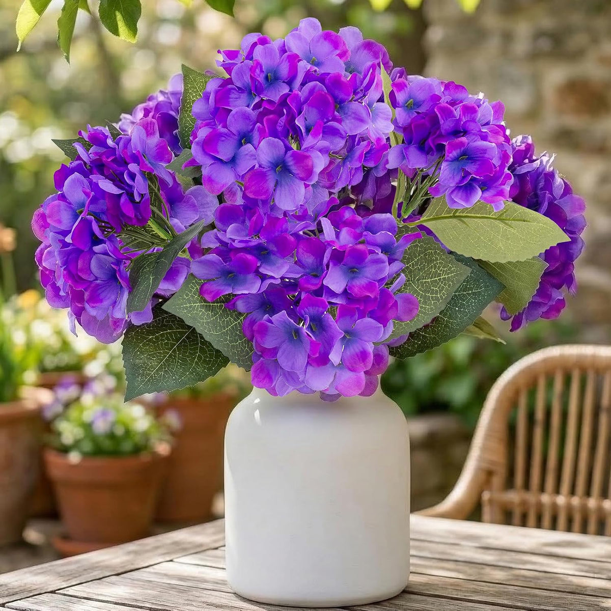 Daynight 4 Pcs Hydrangea Artificial Flowers Outdoor Silk Bouquets, UV Resistant Faux Hydrangeas Flowers for Table Vase Centerpieces Outside Party Wedding Baby Shower Home Outdoor Decor (4, White)