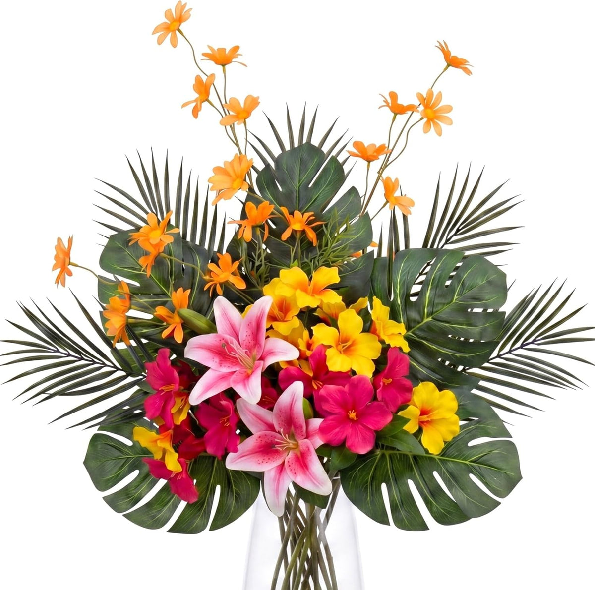16 Pcs Artificial Tropical Bouquet, Artificial Lilies, Azaleas, Daisies, Monstera, and Palm Leaves, Tropical Flowers Centerpieces for Tables Vase Hawaiian Party Home Wedding