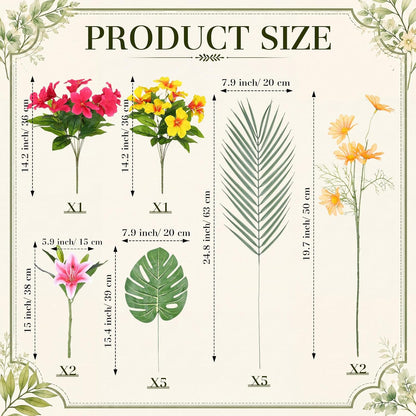 16 Pcs Artificial Tropical Bouquet, Artificial Lilies, Azaleas, Daisies, Monstera, and Palm Leaves, Tropical Flowers Centerpieces for Tables Vase Hawaiian Party Home Wedding