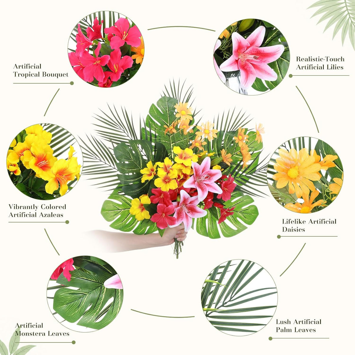 16 Pcs Artificial Tropical Bouquet, Artificial Lilies, Azaleas, Daisies, Monstera, and Palm Leaves, Tropical Flowers Centerpieces for Tables Vase Hawaiian Party Home Wedding