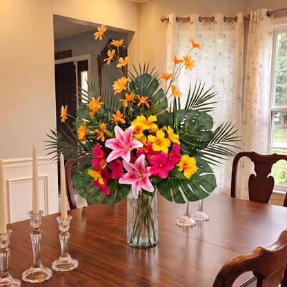 16 Pcs Artificial Tropical Bouquet, Artificial Lilies, Azaleas, Daisies, Monstera, and Palm Leaves, Tropical Flowers Centerpieces for Tables Vase Hawaiian Party Home Wedding