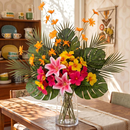 16 Pcs Artificial Tropical Bouquet, Artificial Lilies, Azaleas, Daisies, Monstera, and Palm Leaves, Tropical Flowers Centerpieces for Tables Vase Hawaiian Party Home Wedding
