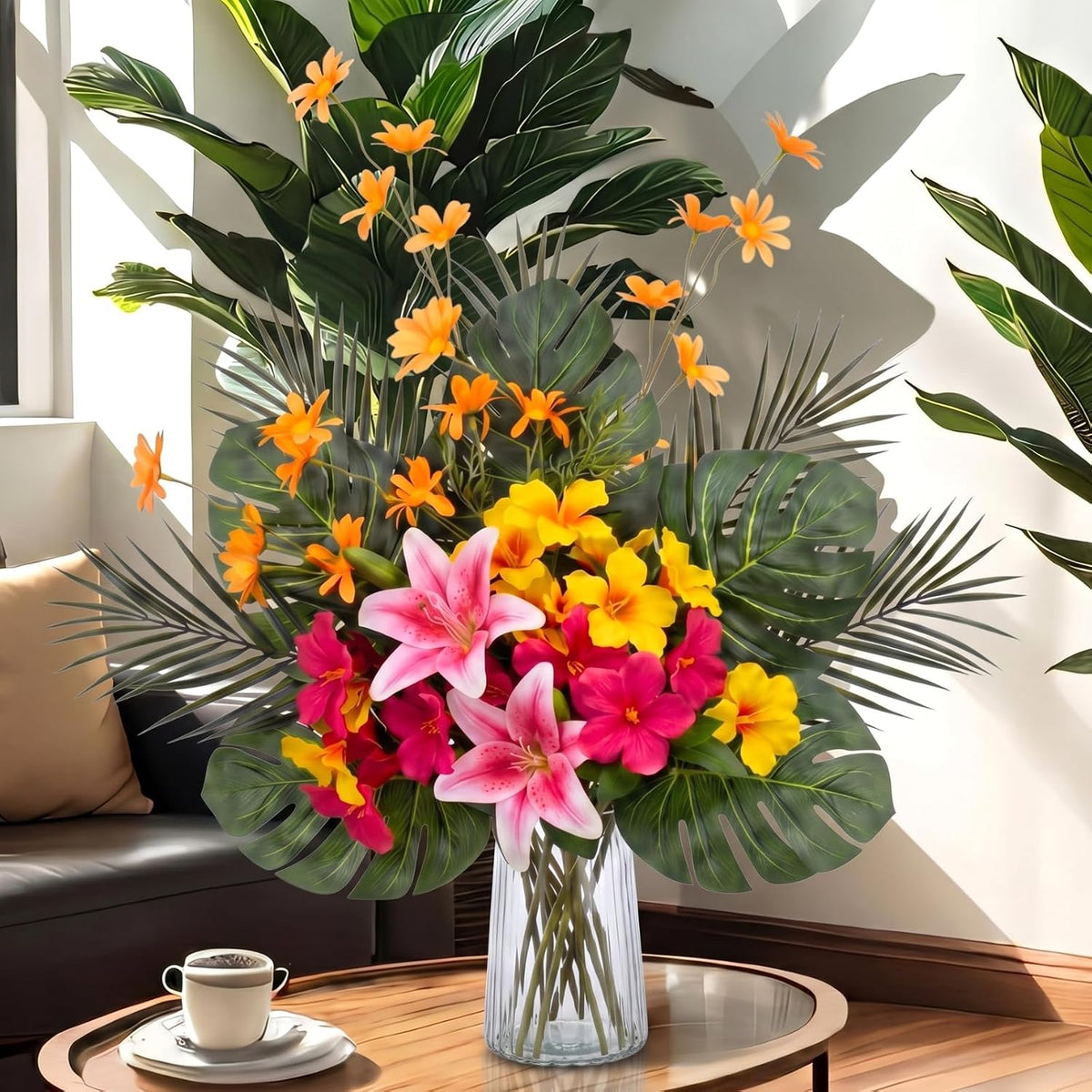 16 Pcs Artificial Tropical Bouquet, Artificial Lilies, Azaleas, Daisies, Monstera, and Palm Leaves, Tropical Flowers Centerpieces for Tables Vase Hawaiian Party Home Wedding