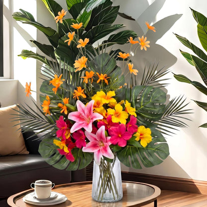 16 Pcs Artificial Tropical Bouquet, Artificial Lilies, Azaleas, Daisies, Monstera, and Palm Leaves, Tropical Flowers Centerpieces for Tables Vase Hawaiian Party Home Wedding