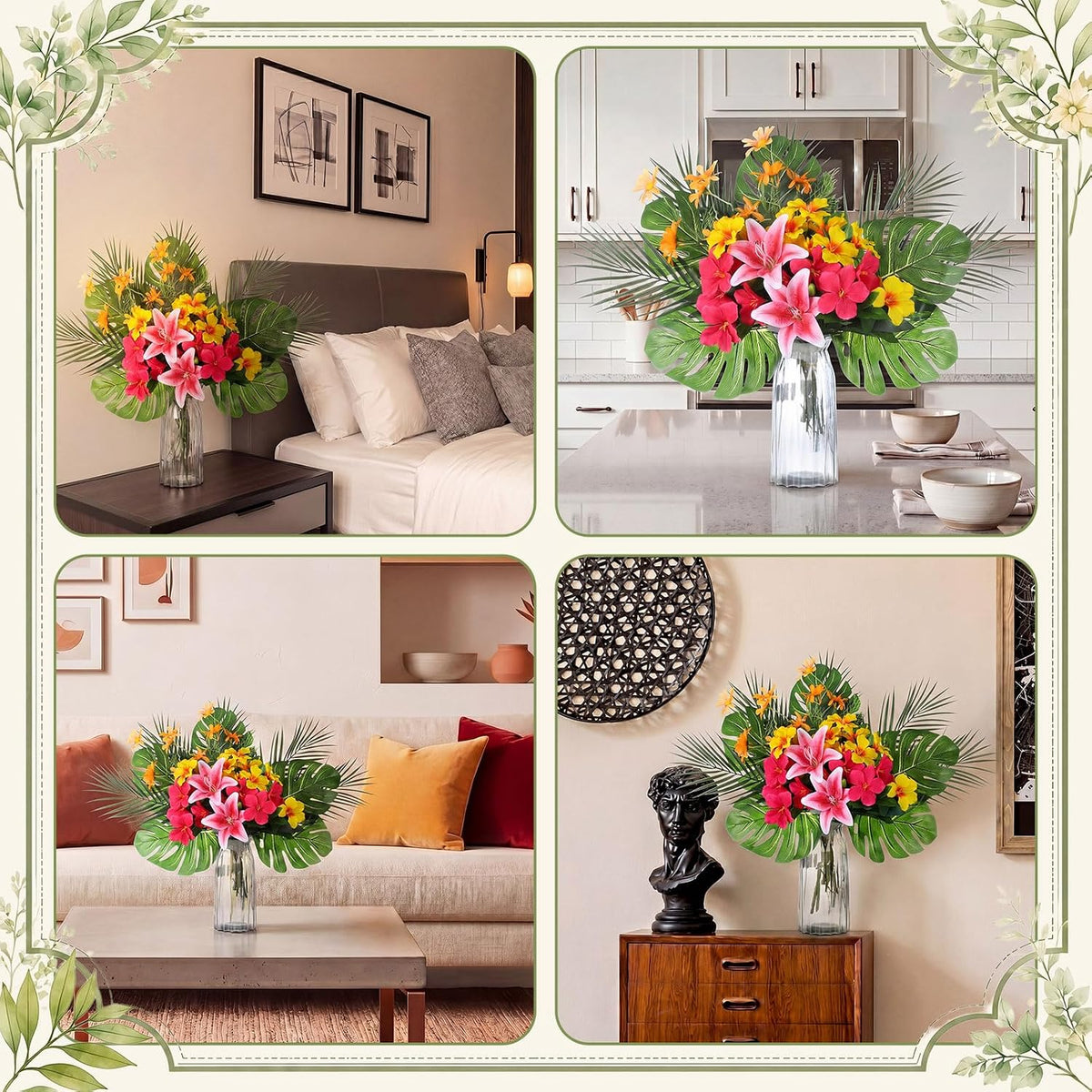 16 Pcs Artificial Tropical Bouquet, Artificial Lilies, Azaleas, Daisies, Monstera, and Palm Leaves, Tropical Flowers Centerpieces for Tables Vase Hawaiian Party Home Wedding