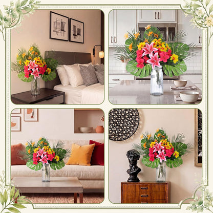 16 Pcs Artificial Tropical Bouquet, Artificial Lilies, Azaleas, Daisies, Monstera, and Palm Leaves, Tropical Flowers Centerpieces for Tables Vase Hawaiian Party Home Wedding