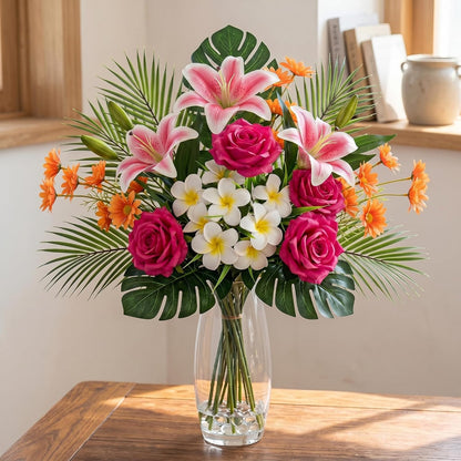 16 Pcs Artificial Tropical Bouquet, Artificial Lilies, Azaleas, Daisies, Monstera, and Palm Leaves, Tropical Flowers Centerpieces for Tables Vase Hawaiian Party Home Wedding