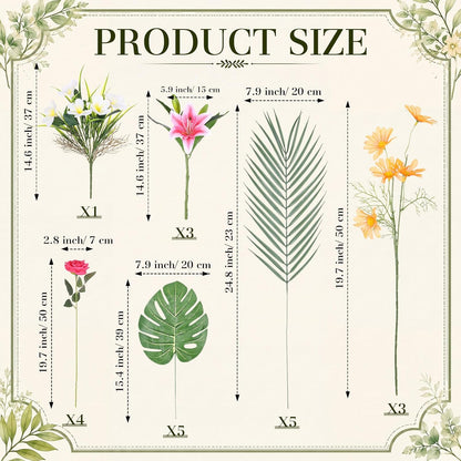 16 Pcs Artificial Tropical Bouquet, Artificial Lilies, Azaleas, Daisies, Monstera, and Palm Leaves, Tropical Flowers Centerpieces for Tables Vase Hawaiian Party Home Wedding