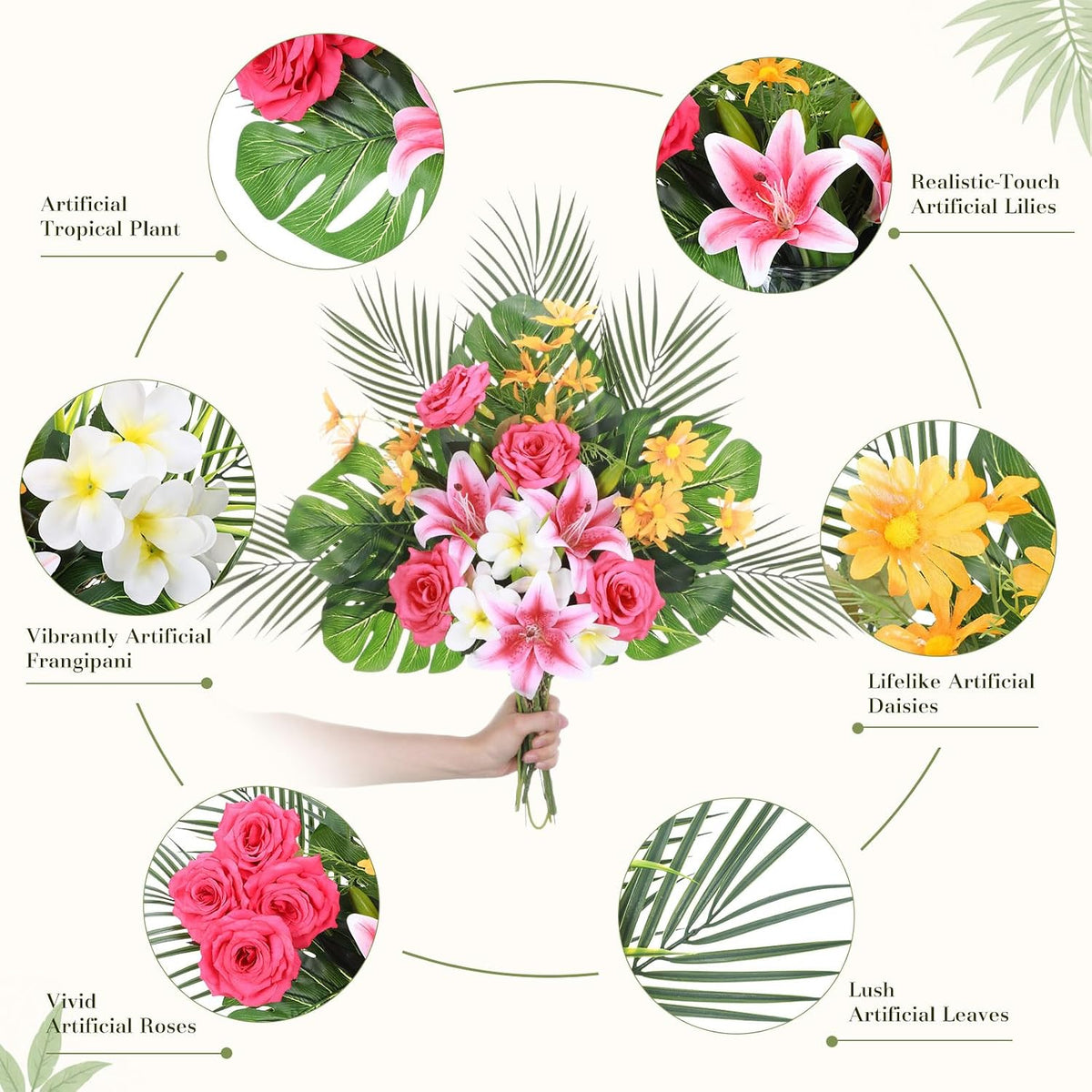 16 Pcs Artificial Tropical Bouquet, Artificial Lilies, Azaleas, Daisies, Monstera, and Palm Leaves, Tropical Flowers Centerpieces for Tables Vase Hawaiian Party Home Wedding
