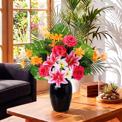 16 Pcs Artificial Tropical Bouquet, Artificial Lilies, Azaleas, Daisies, Monstera, and Palm Leaves, Tropical Flowers Centerpieces for Tables Vase Hawaiian Party Home Wedding