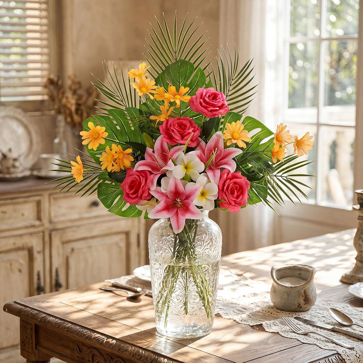 16 Pcs Artificial Tropical Bouquet, Artificial Lilies, Azaleas, Daisies, Monstera, and Palm Leaves, Tropical Flowers Centerpieces for Tables Vase Hawaiian Party Home Wedding