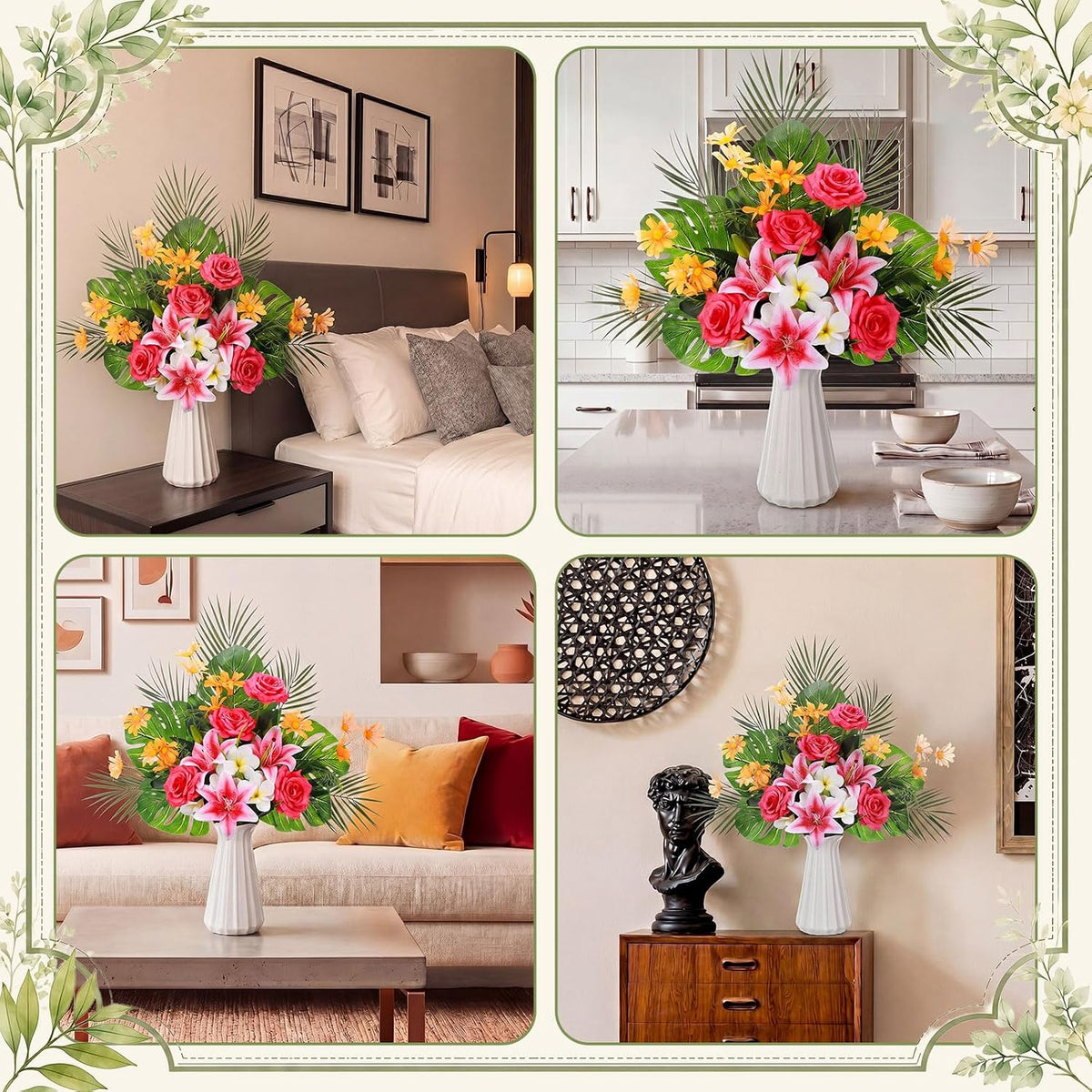16 Pcs Artificial Tropical Bouquet, Artificial Lilies, Azaleas, Daisies, Monstera, and Palm Leaves, Tropical Flowers Centerpieces for Tables Vase Hawaiian Party Home Wedding