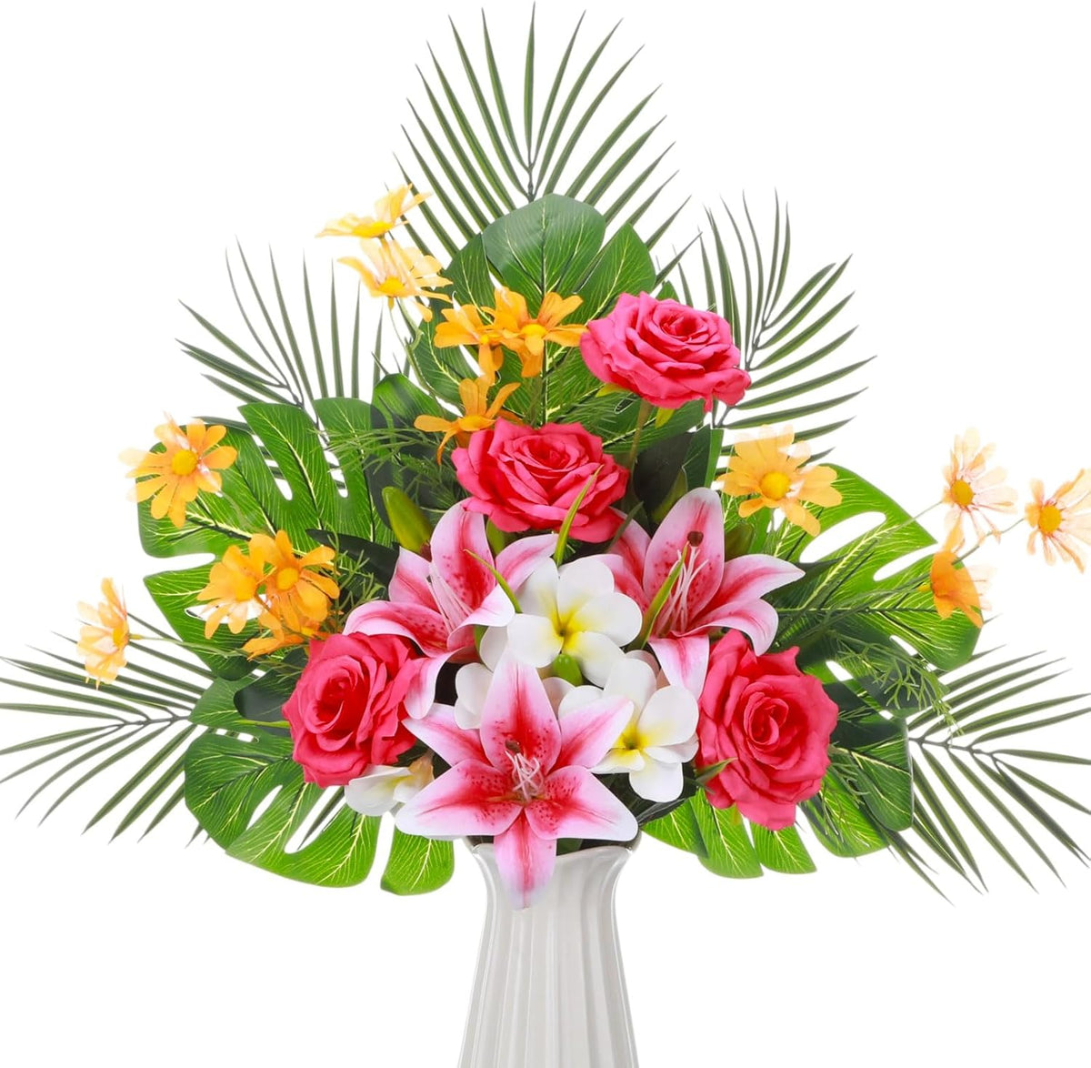 16 Pcs Artificial Tropical Bouquet, Artificial Lilies, Azaleas, Daisies, Monstera, and Palm Leaves, Tropical Flowers Centerpieces for Tables Vase Hawaiian Party Home Wedding
