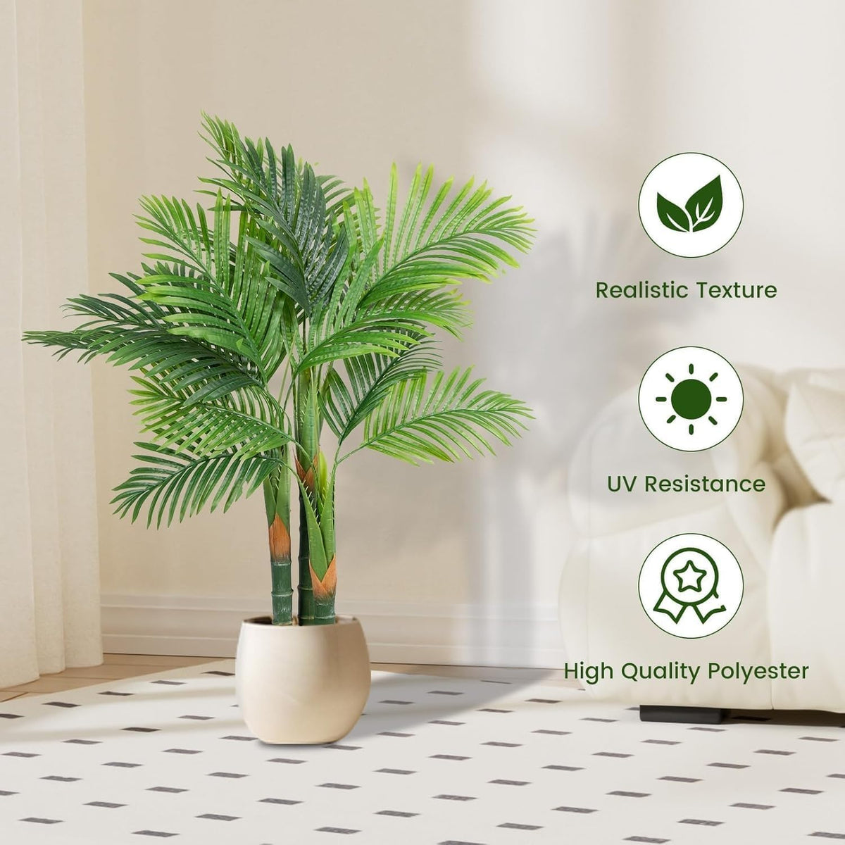4FT Golden Cane Palm, Artificial Palm Tree Large Tropical Faux Palm Trees UV Resistant, Indoor & Outdoor Fake Plant for Living Room, Outside Patio, Office Home Decor