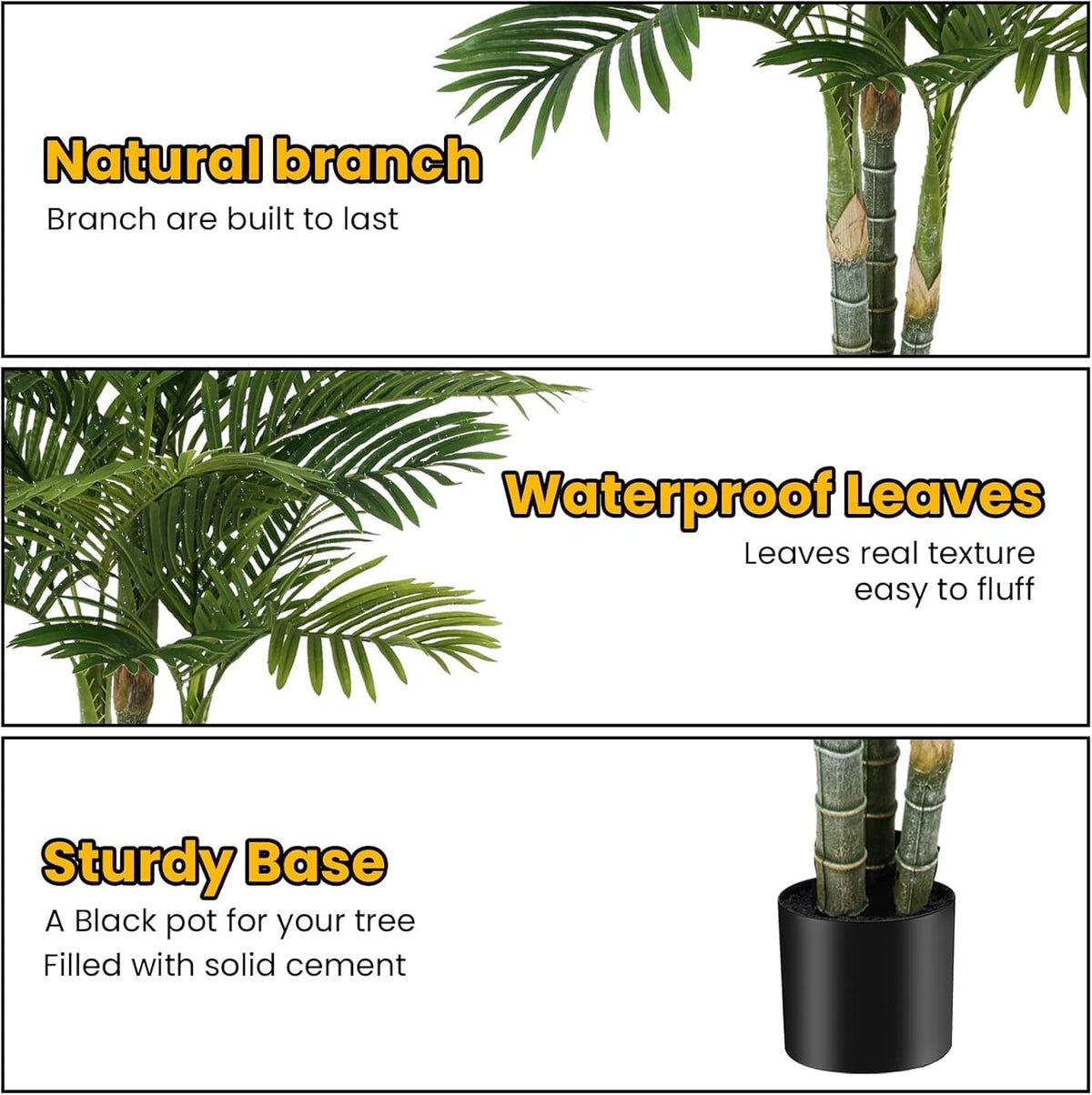 4FT Golden Cane Palm, Artificial Palm Tree Large Tropical Faux Palm Trees UV Resistant, Indoor & Outdoor Fake Plant for Living Room, Outside Patio, Office Home Decor