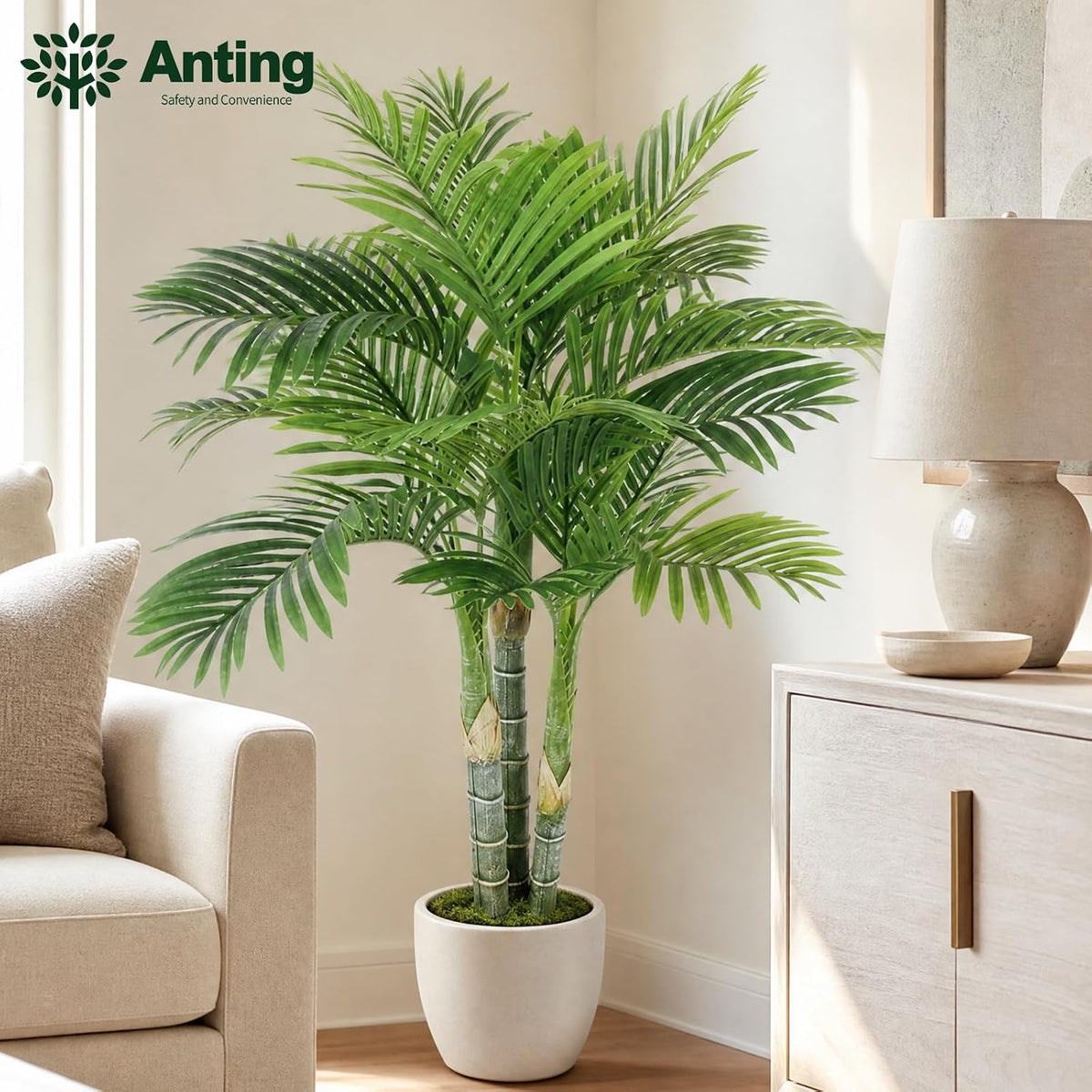 4FT Golden Cane Palm, Artificial Palm Tree Large Tropical Faux Palm Trees UV Resistant, Indoor & Outdoor Fake Plant for Living Room, Outside Patio, Office Home Decor