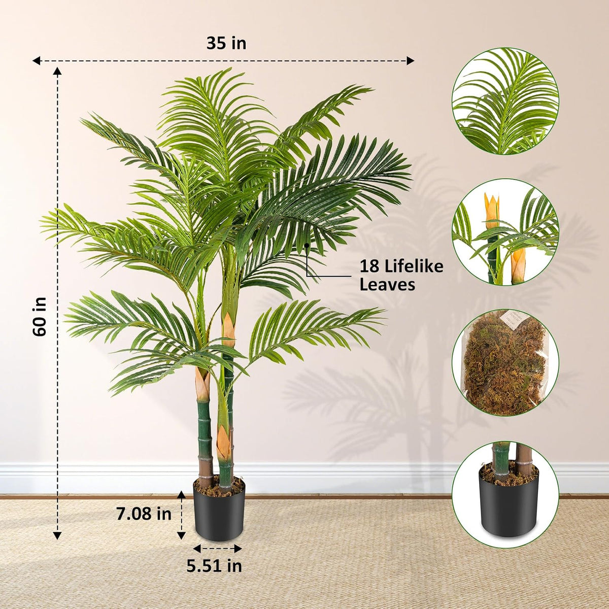 4FT Golden Cane Palm, Artificial Palm Tree Large Tropical Faux Palm Trees UV Resistant, Indoor & Outdoor Fake Plant for Living Room, Outside Patio, Office Home Decor