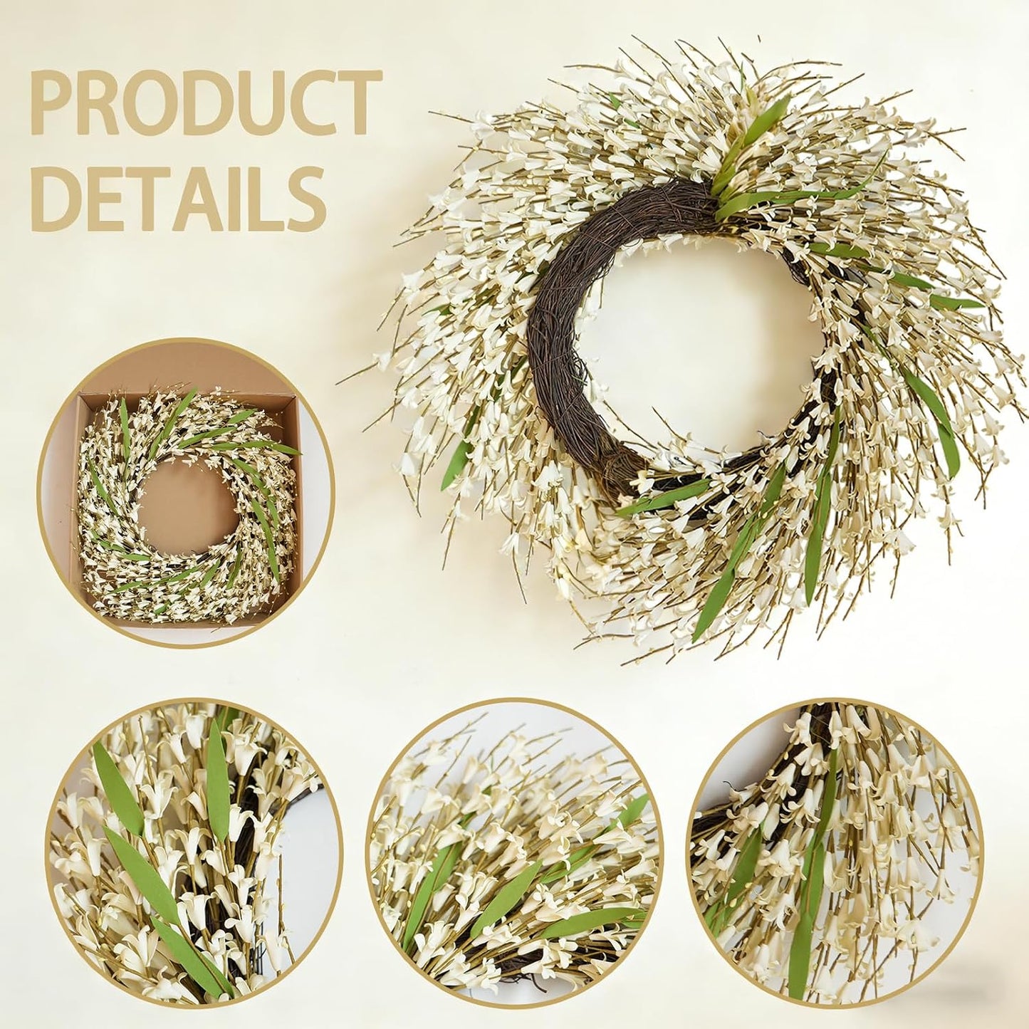 22 Inch Spring Yellow Forsythia Leaf Wreath, for Front Door Window Porch Living Room Mantel Farmhouse Spring Home Decor Gift