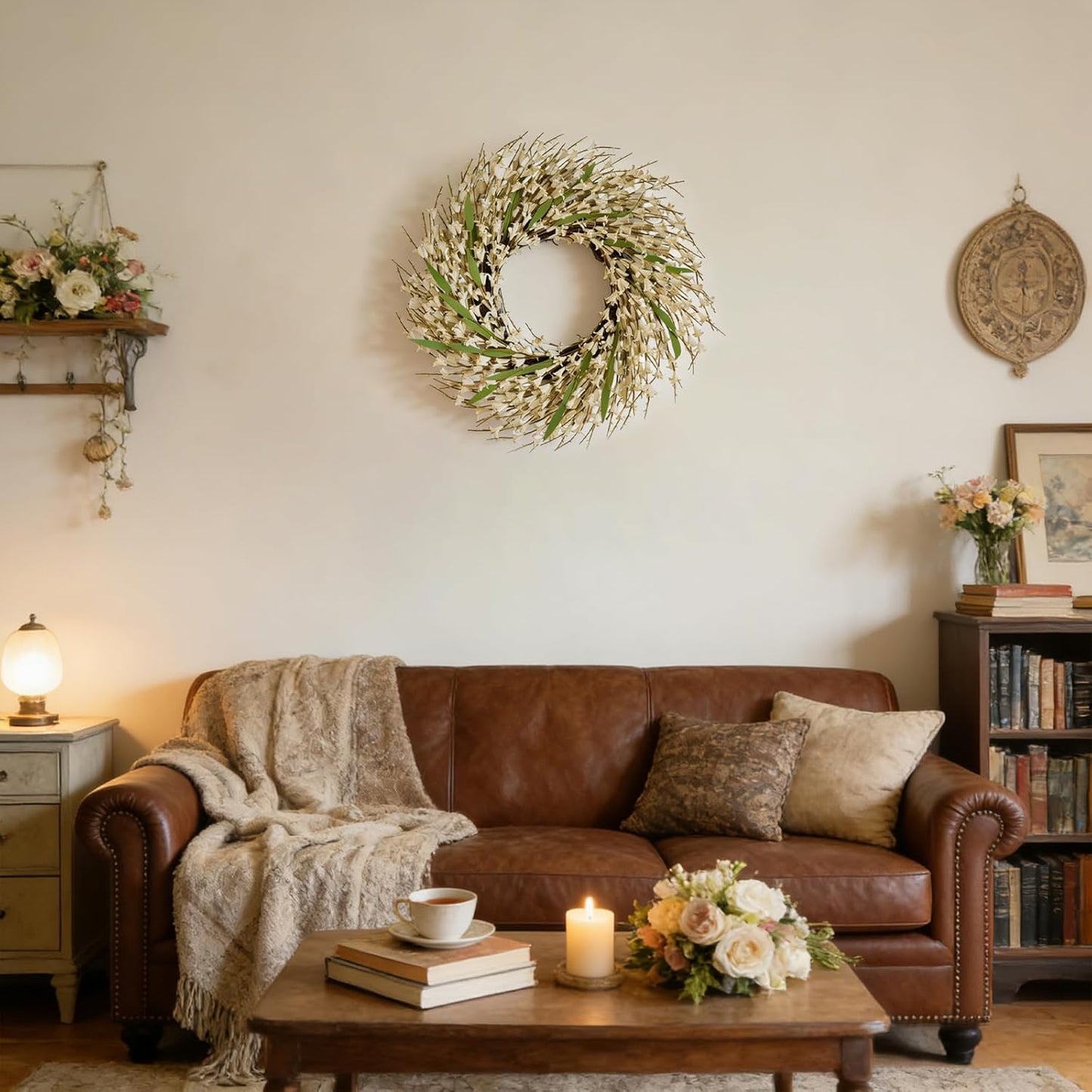 22 Inch Spring Yellow Forsythia Leaf Wreath, for Front Door Window Porch Living Room Mantel Farmhouse Spring Home Decor Gift