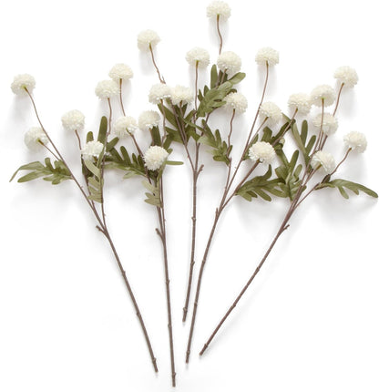 Artificial Kiku Flower White - 5 Pcs Fake Pompon Mums Silk Small Chrysanthemum Faux Ball Fall Flower Stem Decor for Autumn Wedding Filler DIY Bouquet Centerpieces Arrangements Shower