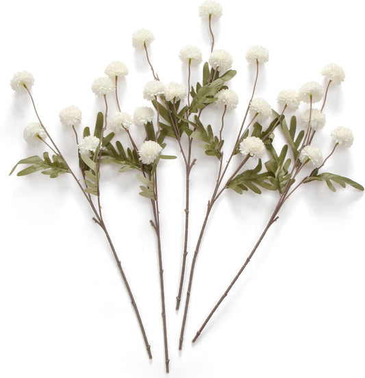Artificial Kiku Flower White - 5 Pcs Fake Pompon Mums Silk Small Chrysanthemum Faux Ball Fall Flower Stem Decor for Autumn Wedding Filler DIY Bouquet Centerpieces Arrangements Shower