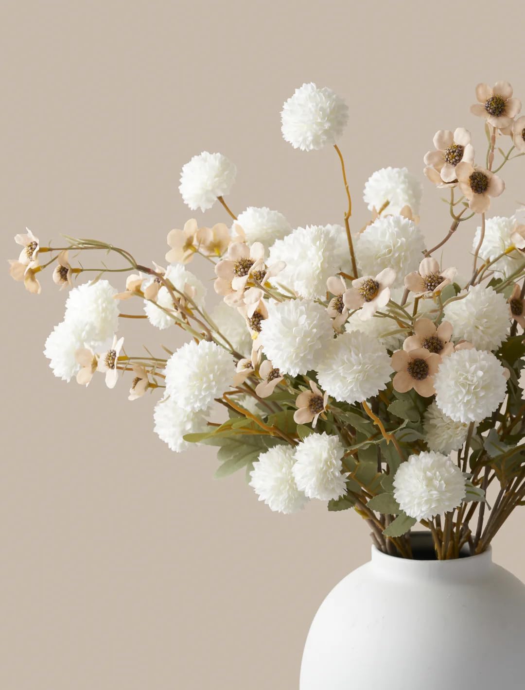 Artificial Kiku Flower White - 5 Pcs Fake Pompon Mums Silk Small Chrysanthemum Faux Ball Fall Flower Stem Decor for Autumn Wedding Filler DIY Bouquet Centerpieces Arrangements Shower