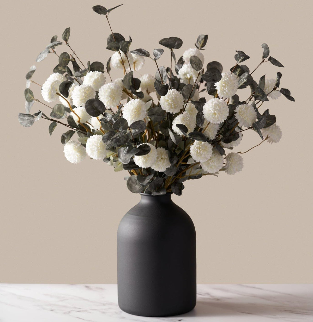 Artificial Kiku Flower White - 5 Pcs Fake Pompon Mums Silk Small Chrysanthemum Faux Ball Fall Flower Stem Decor for Autumn Wedding Filler DIY Bouquet Centerpieces Arrangements Shower